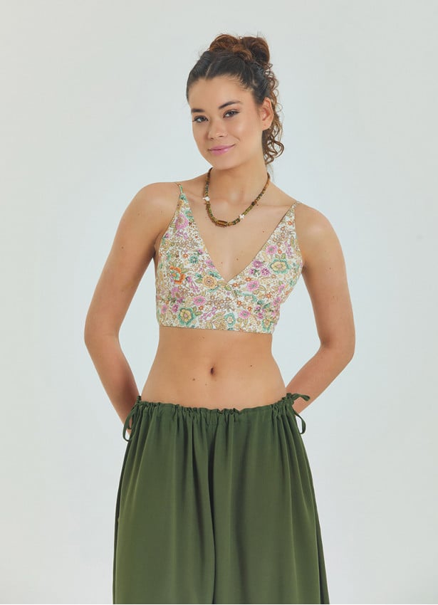 Lace Up Open Back Adjustable Beige Floral Blouse 4650